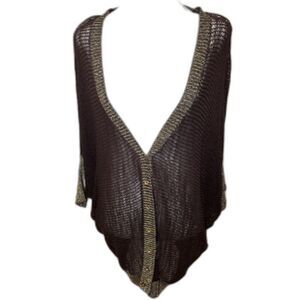 Alberto Makali Sheer Open Knit Cardigan Metallic Gold Thread Brown Womens L
